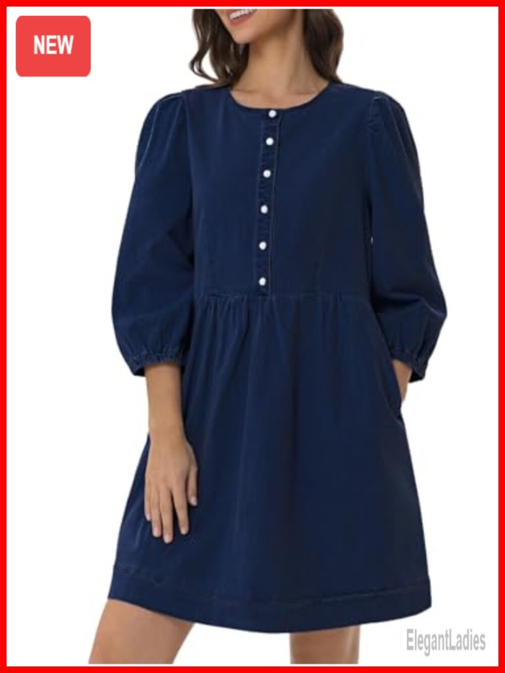 Denim Dress Puff Long Sleeve Button Down Babydoll A Line Flowy Jean Mini Dress